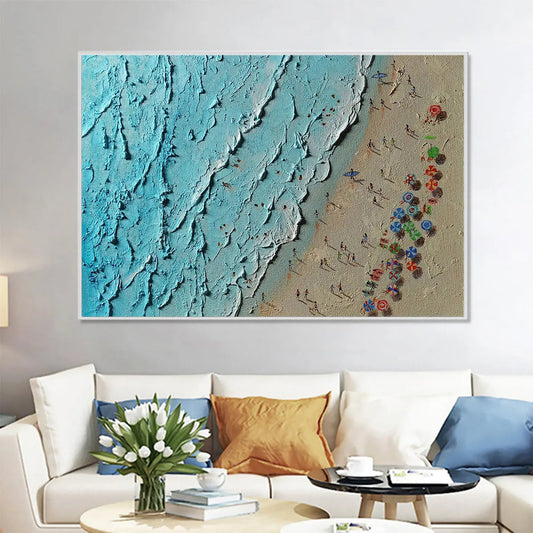 Aerial Vista hand-painted turquoise and ivory textured beach scene painting shown as stretched canvas