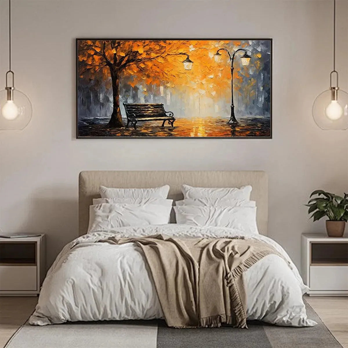 Autumn Park Bench hand-painted soft grey, gold and orange textured park landscape painting shown as stretched canvas