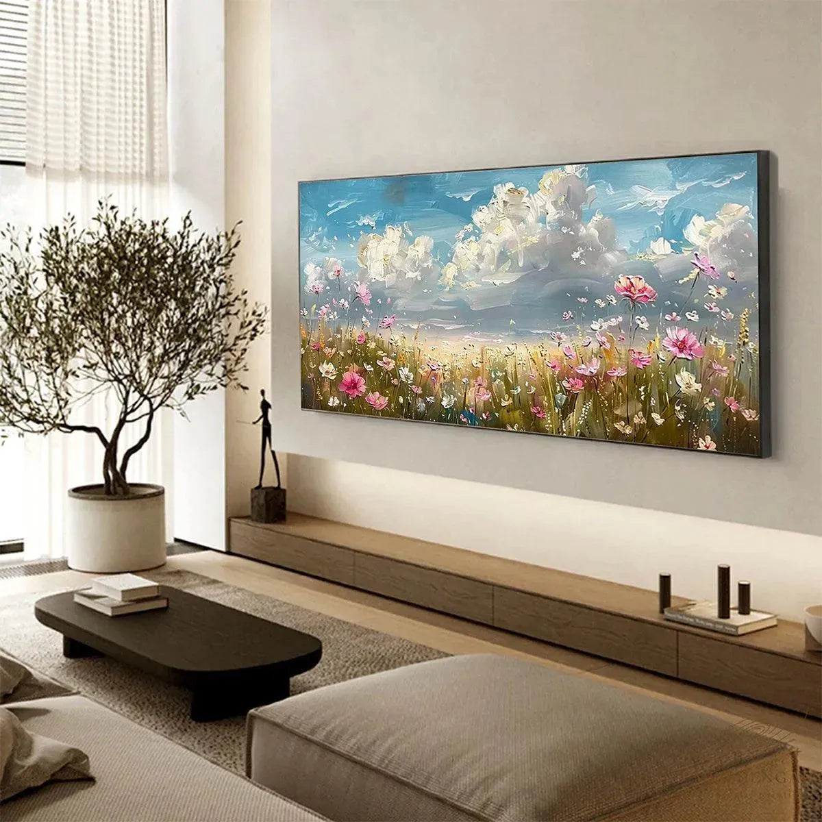 Green Wildflower Impasto Painting – Cosmos Field