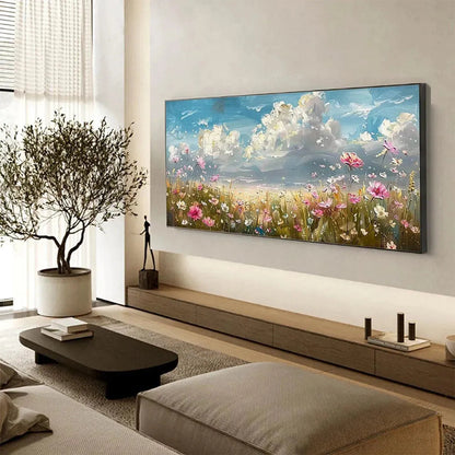 Green Wildflower Impasto Painting – Cosmos Field