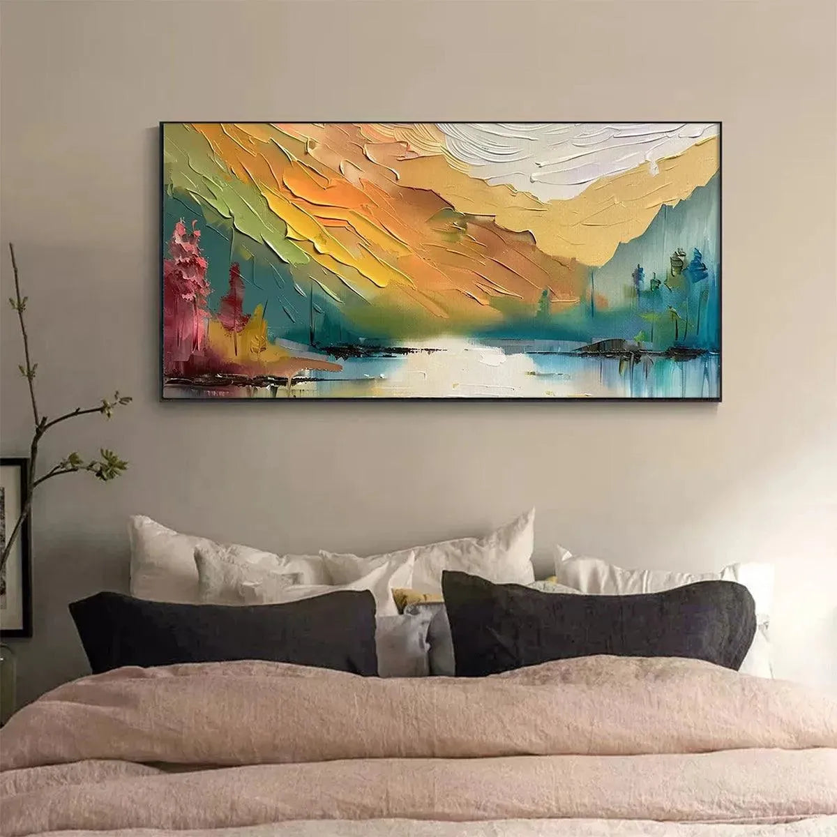 Autumn Valley hand-painted ocean blue, ivory and soft neutral tones textured coastal landscape painting shown with wood frame