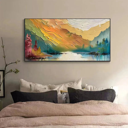 Autumn Valley hand-painted ocean blue, ivory and soft neutral tones textured coastal landscape painting shown with wood frame