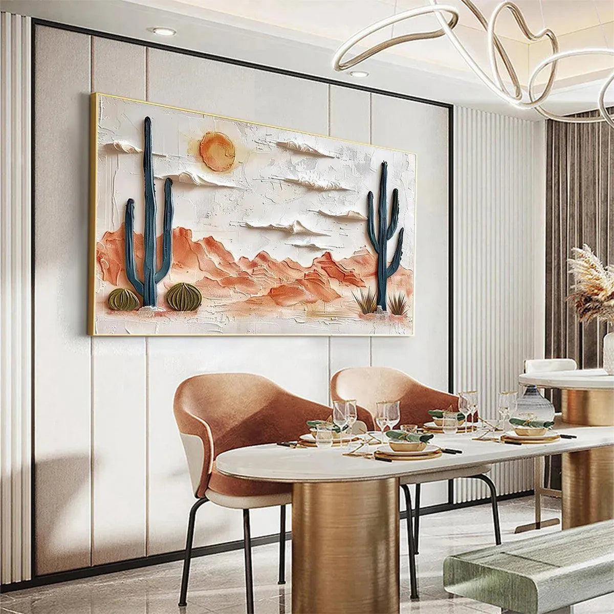 Desert Sunrise hand-painted terracotta, warm ochre and sand textured desert mountain landscape painting shown with black frame