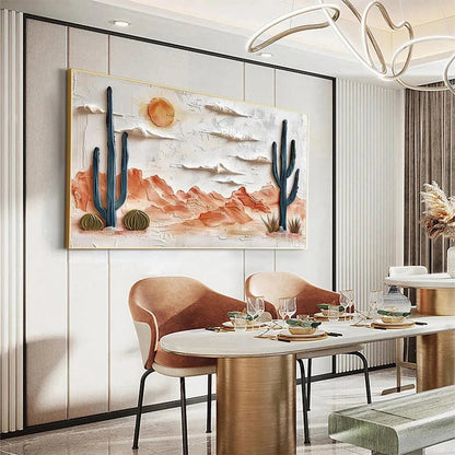 Desert Sunrise hand-painted terracotta, warm ochre and sand textured desert mountain landscape painting shown with black frame