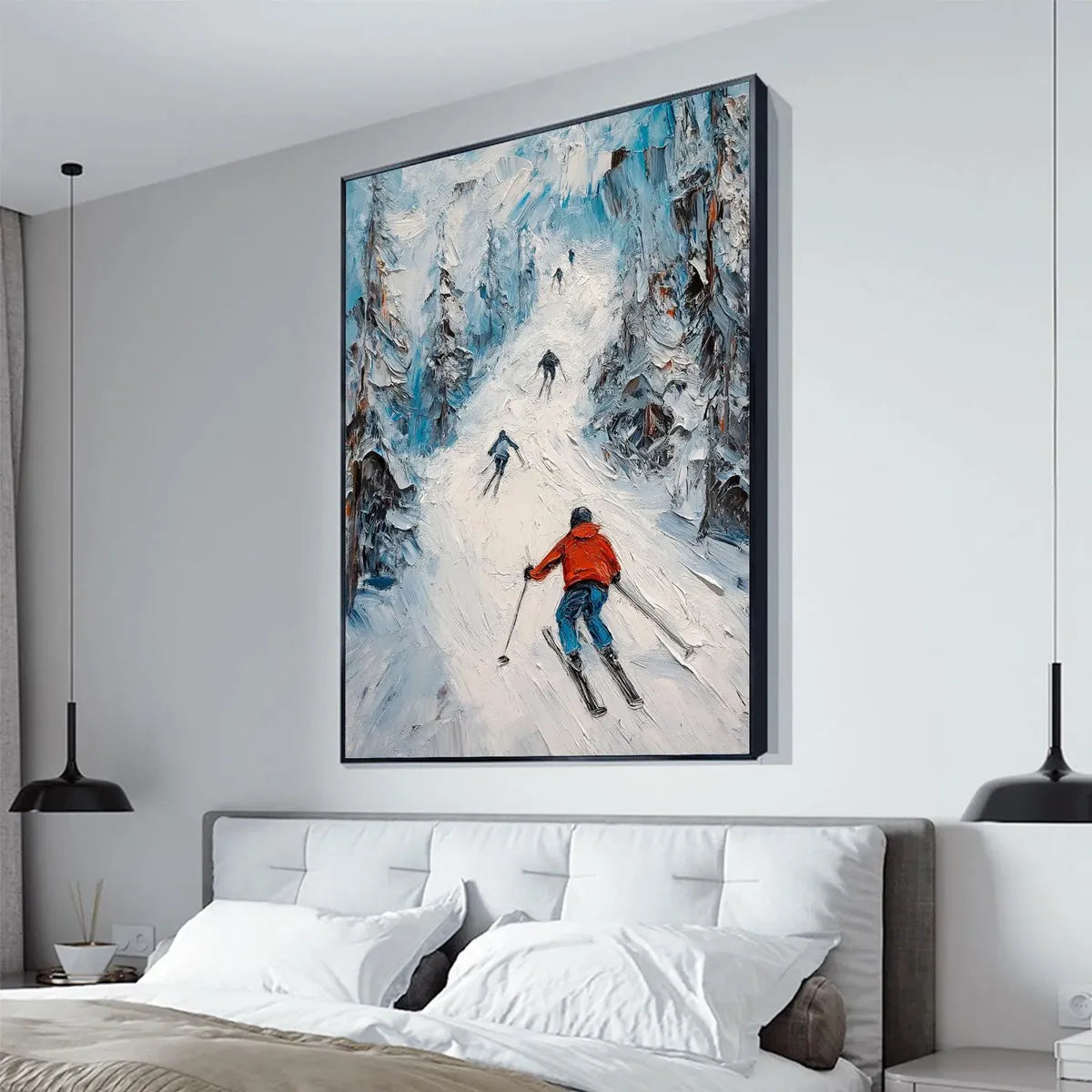 First Run hand-painted orange and ivory textured skiing mountain painting shown with silver frame