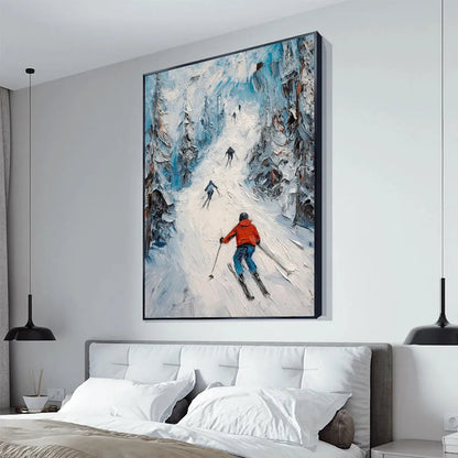 First Run hand-painted orange and ivory textured skiing mountain painting shown with silver frame