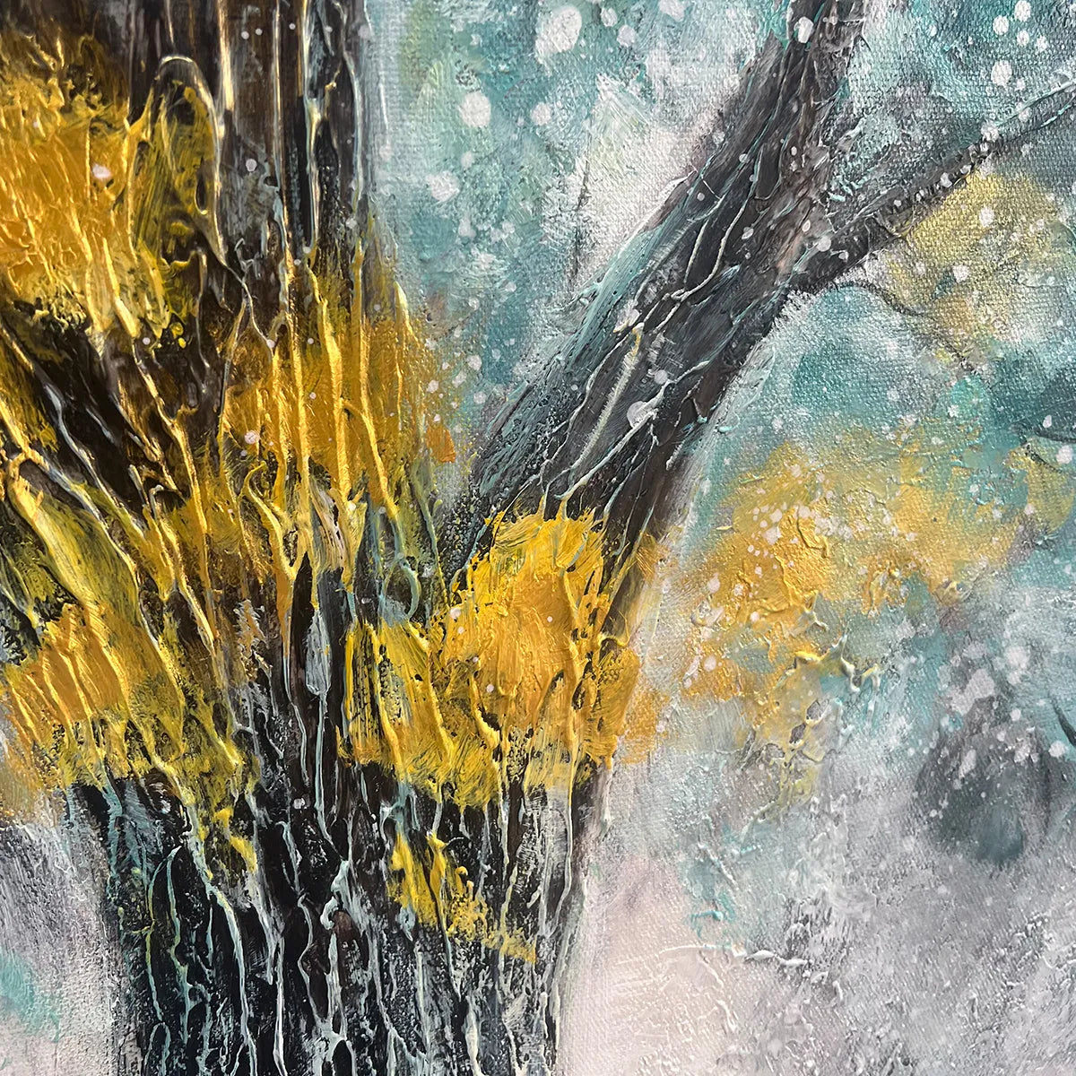 Golden Autumn hand-painted ocean blue and gold textured tree painting shown with gold frame