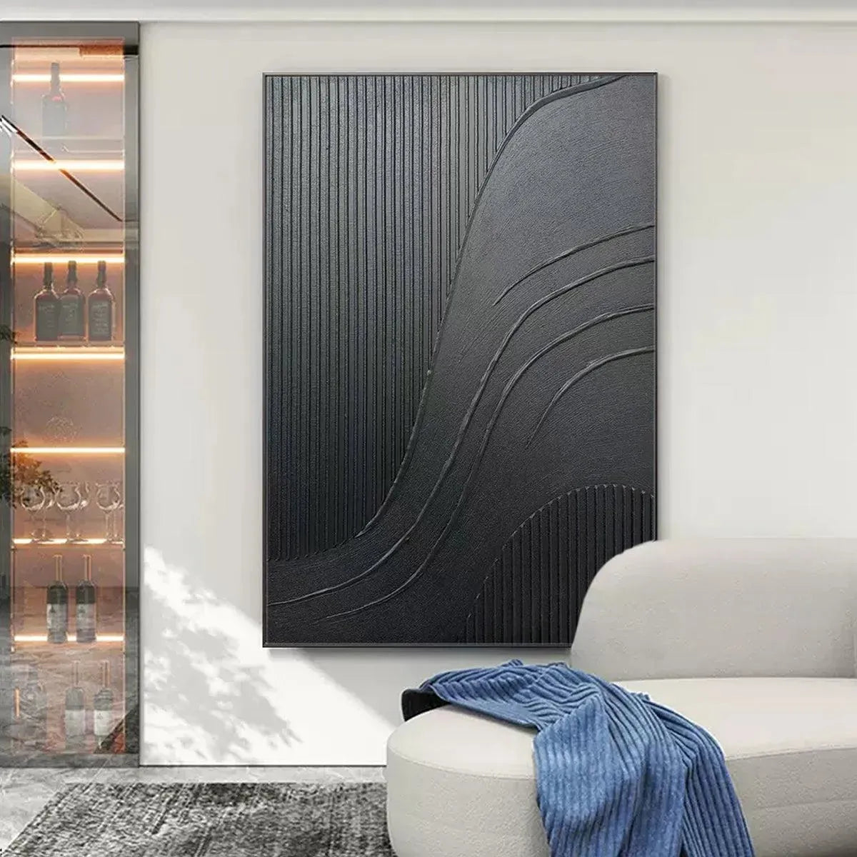 Black Wabi-Sabi Abstract Textured Oil Painting – Black Textured Curves