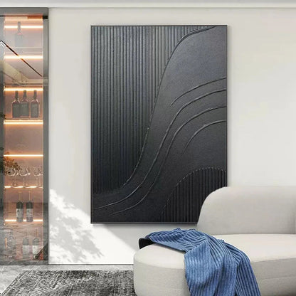 Black Wabi-Sabi Abstract Textured Oil Painting – Black Textured Curves