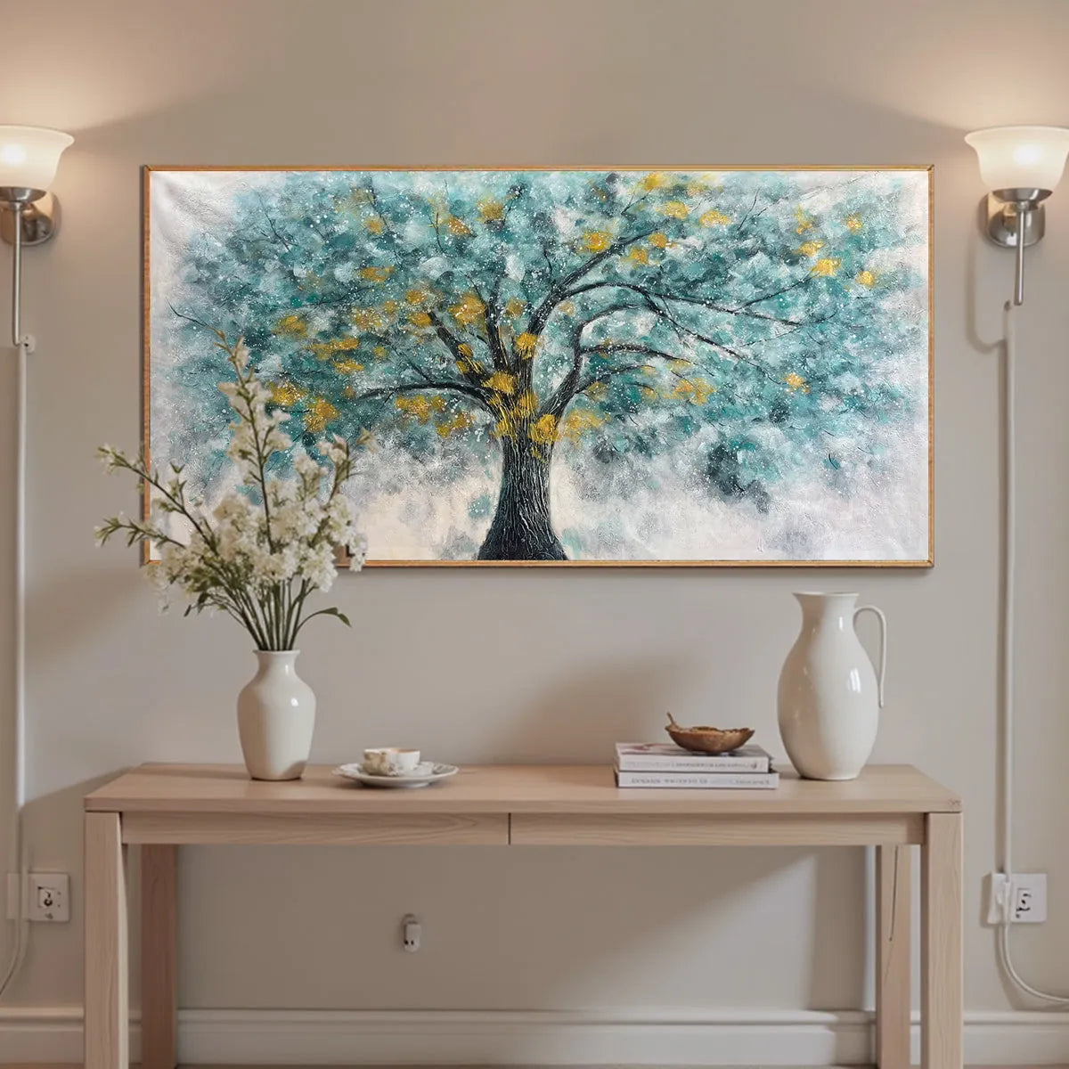 Golden Autumn hand-painted ocean blue and gold textured tree painting shown with black frame