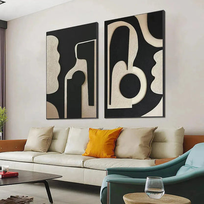 Black and White Wabi-Sabi Abstract Textured Oil Painting – Ink Blot Duo