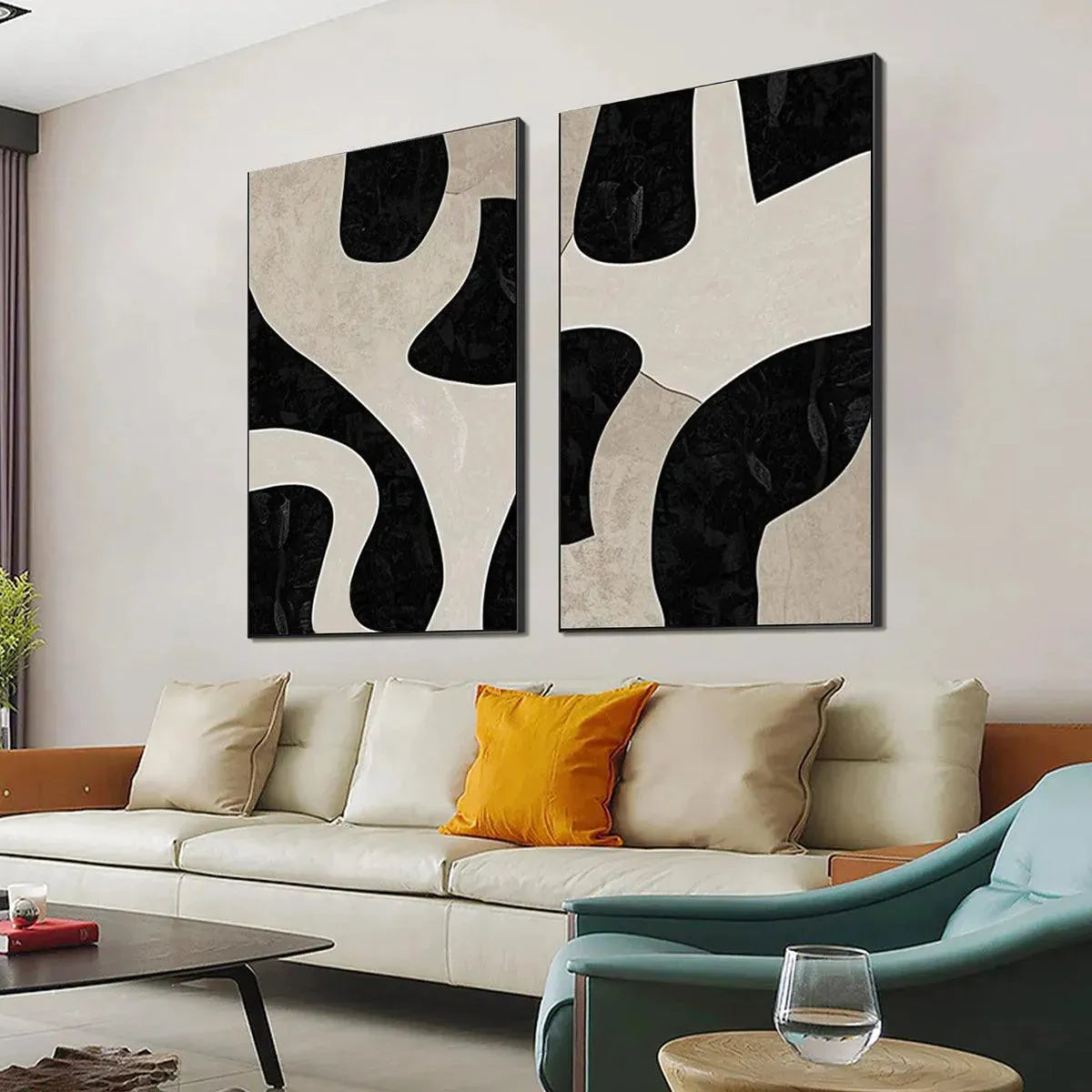 Black & Beige Abstract Diptych – Wabi-Sabi Abstract Oil Painting, view 4