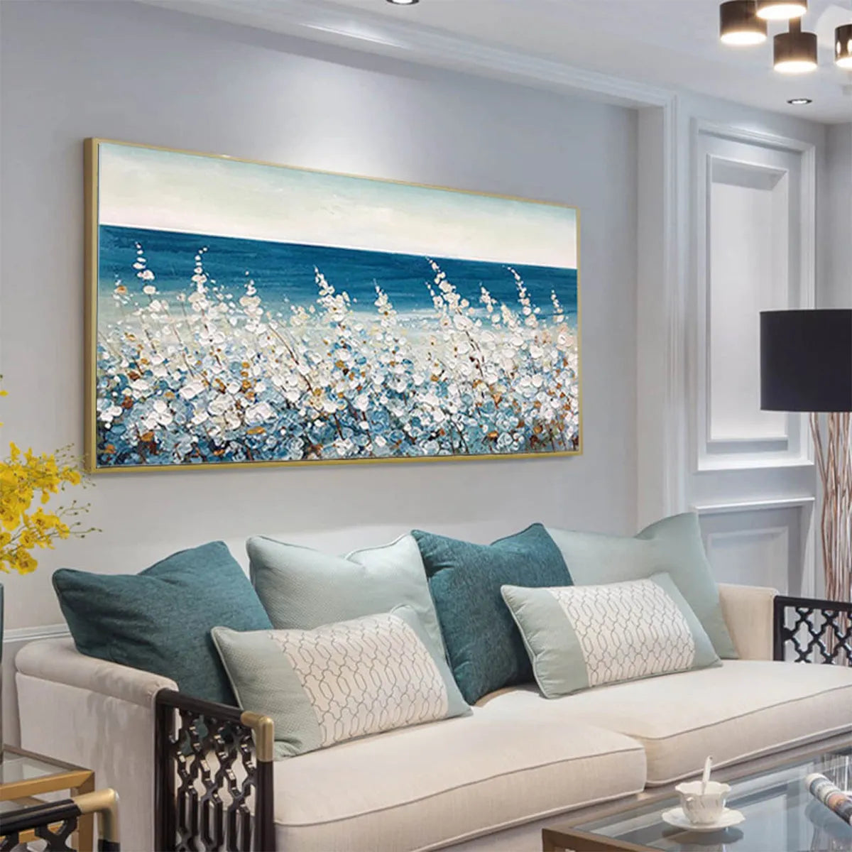 Ocean Breeze hand-painted white and ocean blue textured coastal landscape painting shown with wood frame