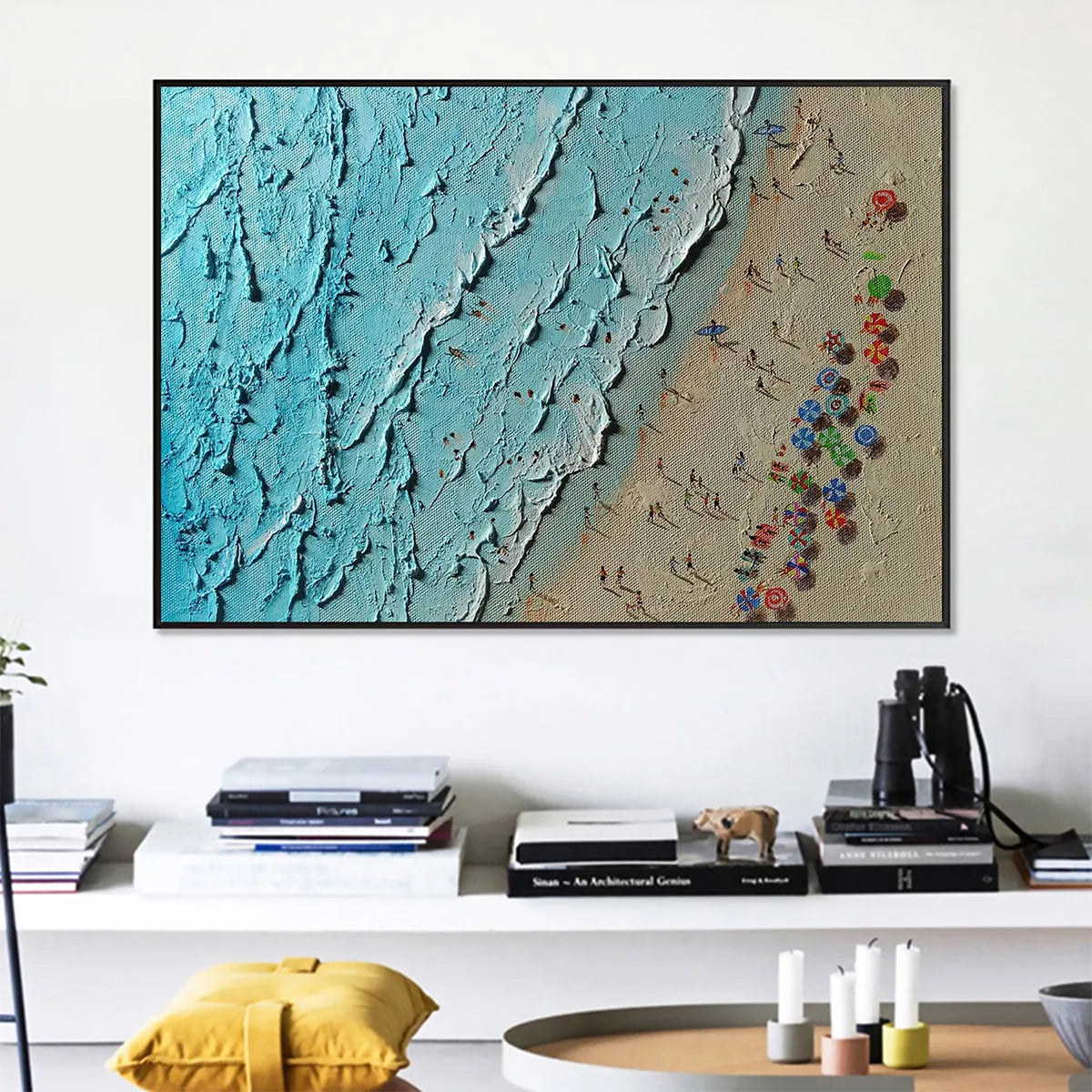 Aerial Vista hand-painted turquoise and ivory textured beach scene painting shown with white frame