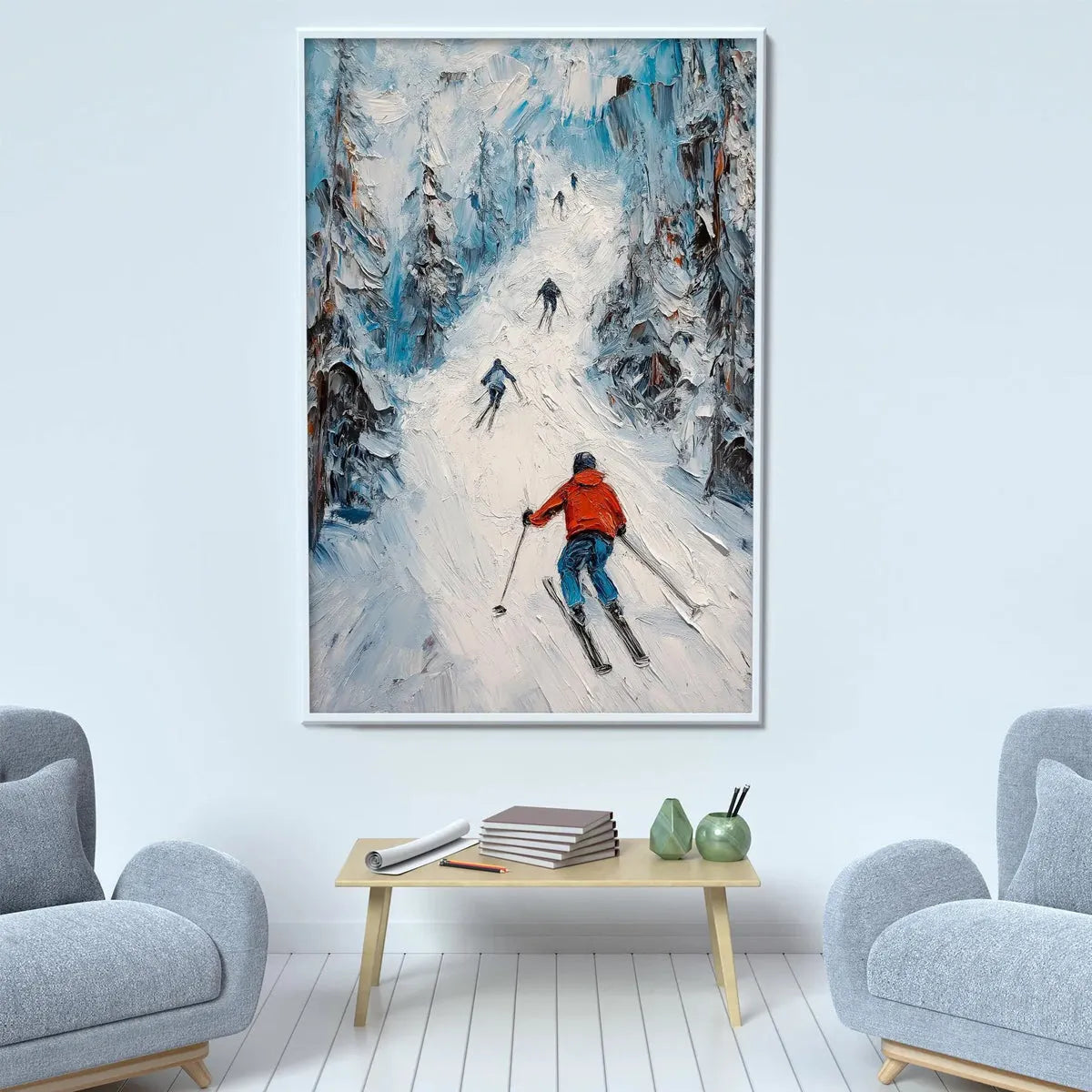 First Run hand-painted orange and ivory textured skiing mountain painting shown with white frame
