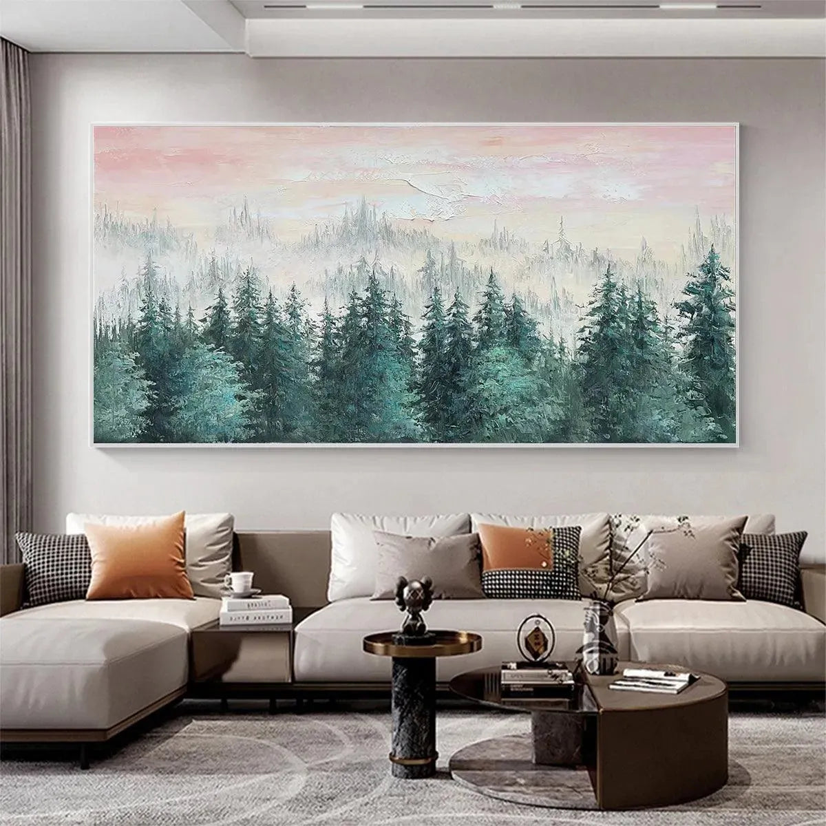 Misty Pines hand-painted green and pink textured forest landscape painting shown as stretched canvas