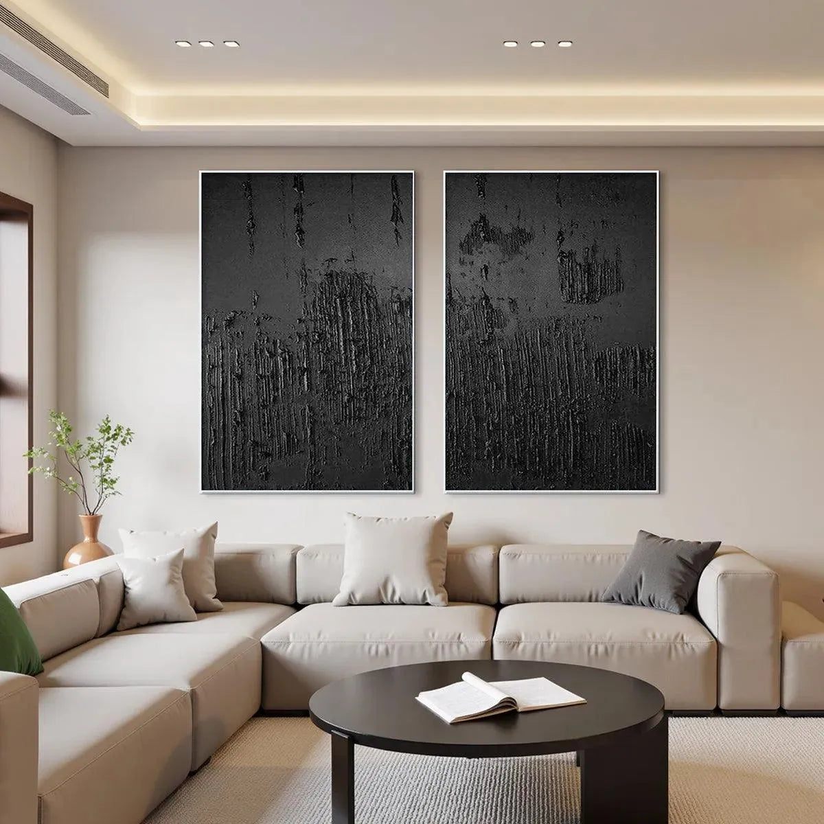 Black Wabi-Sabi Abstract Textured Oil Painting – Black Textured Diptych