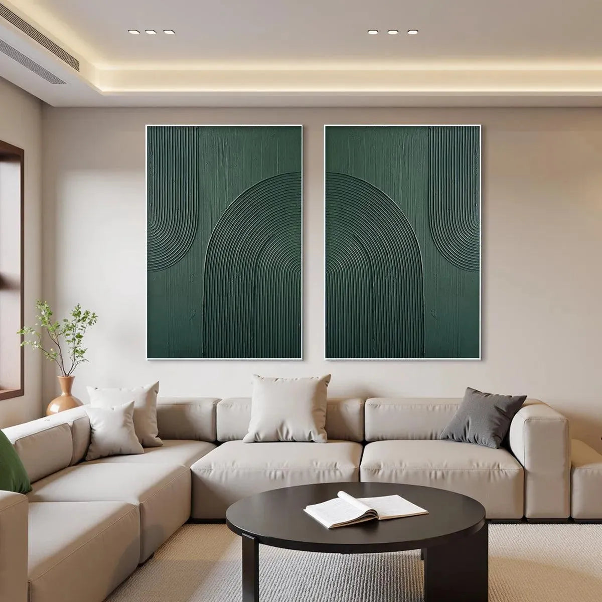 Green Textured Arches Diptych – Wabi-Sabi Abstract Oil Painting, view 2
