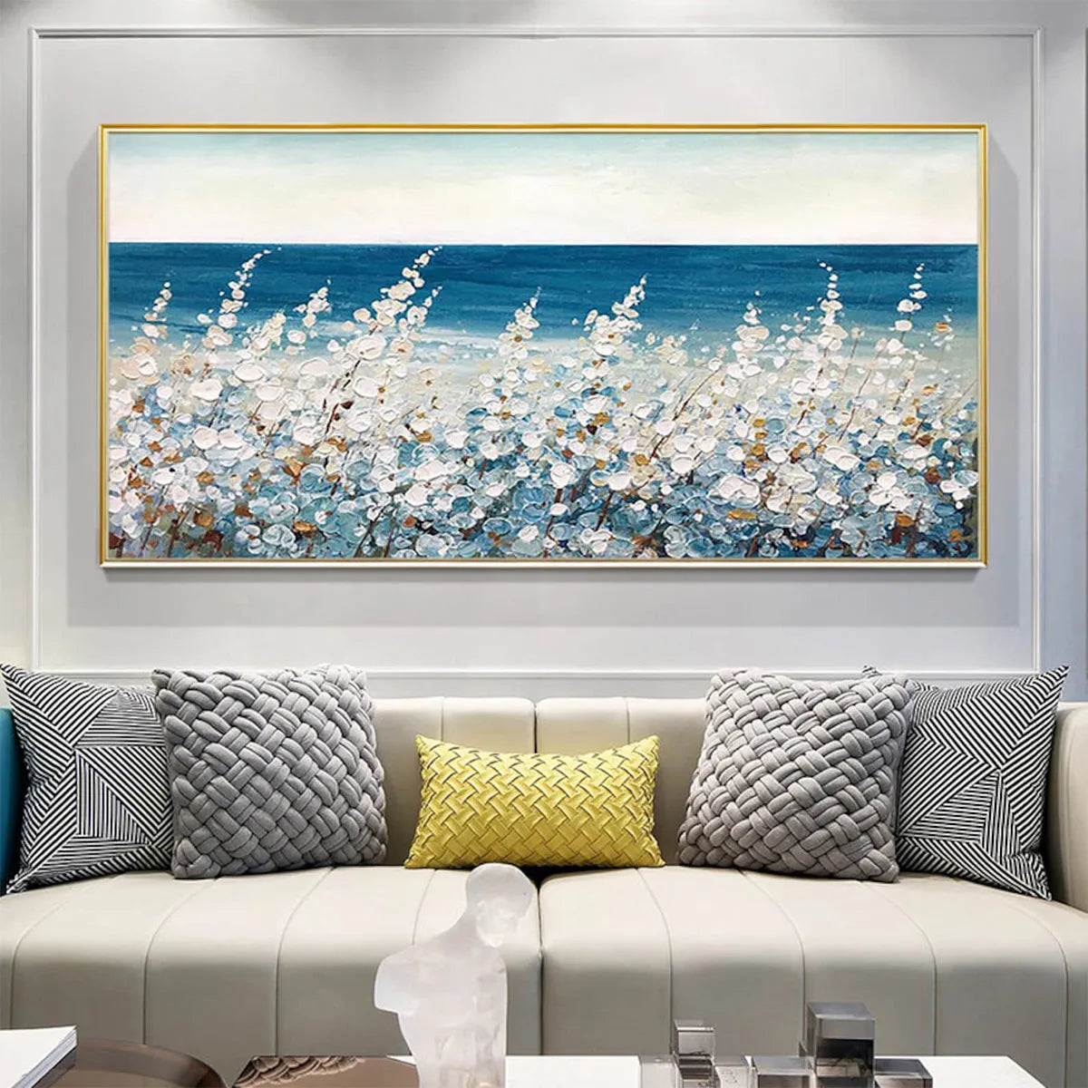 Ocean Breeze hand-painted white and ocean blue textured coastal landscape painting rolled canvas option