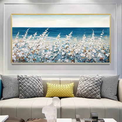 Ocean Breeze hand-painted white and ocean blue textured coastal landscape painting rolled canvas option