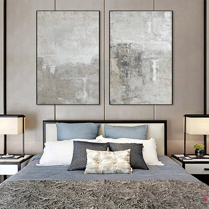 Grey Wabi-Sabi Abstract Textured Oil Painting – Grey Abstract Textured Diptych
