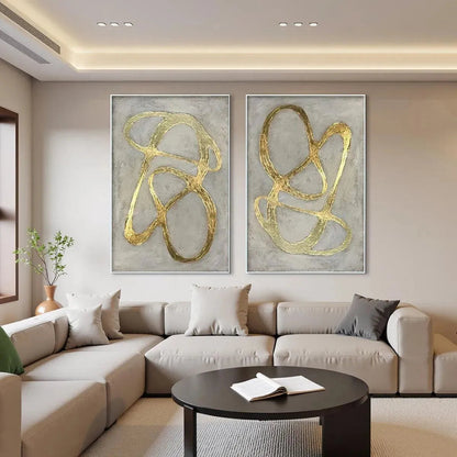 Golden Abstract Diptych – Wabi-Sabi Abstract Oil Painting, view 2