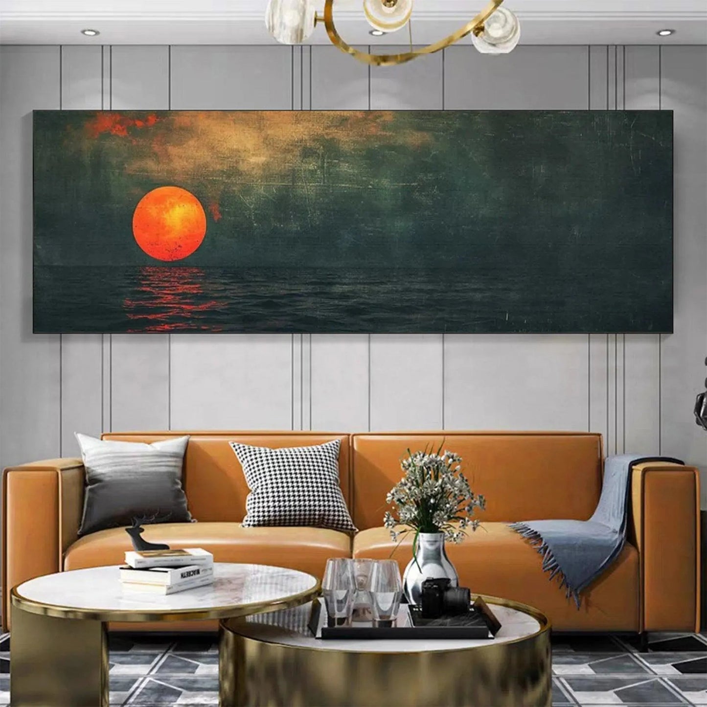 Blood Moon hand-painted ocean blue, ivory and soft neutral tones textured sunset seascape painting shown as stretched canvas