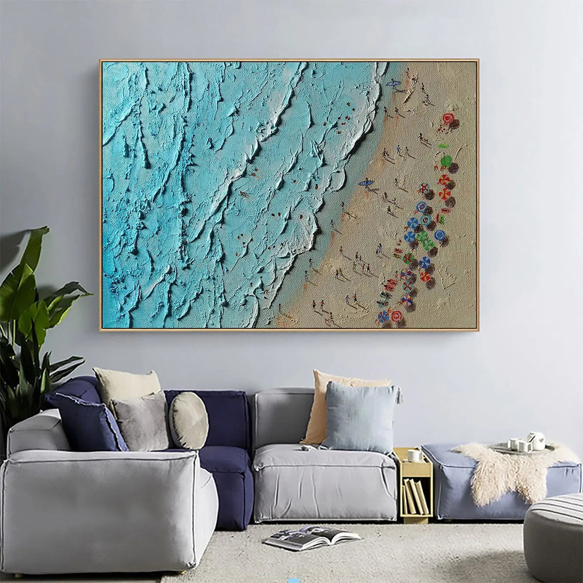Aerial Vista hand-painted turquoise and ivory textured beach scene painting shown with wood frame