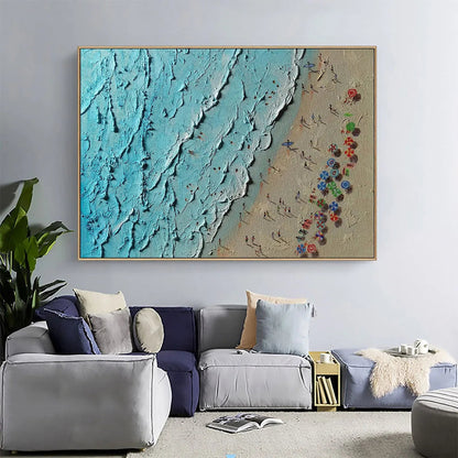 Aerial Vista hand-painted turquoise and ivory textured beach scene painting shown with wood frame