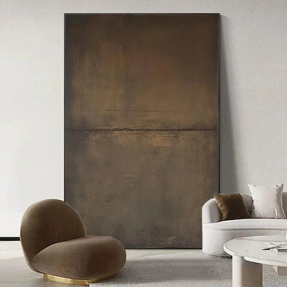 Brown Wabi-Sabi Landscape Oil Painting – Umber Abstract Landscape