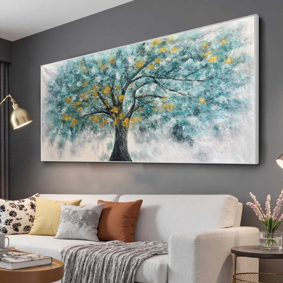 Golden Autumn hand-painted ocean blue and gold textured tree painting shown with white frame