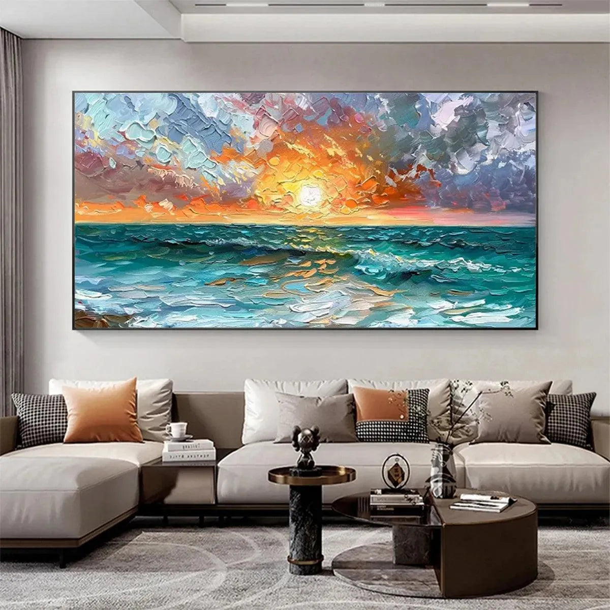 Ocean Sunset hand-painted ocean blue, ivory and soft neutral tones textured sunset seascape painting shown with wood frame