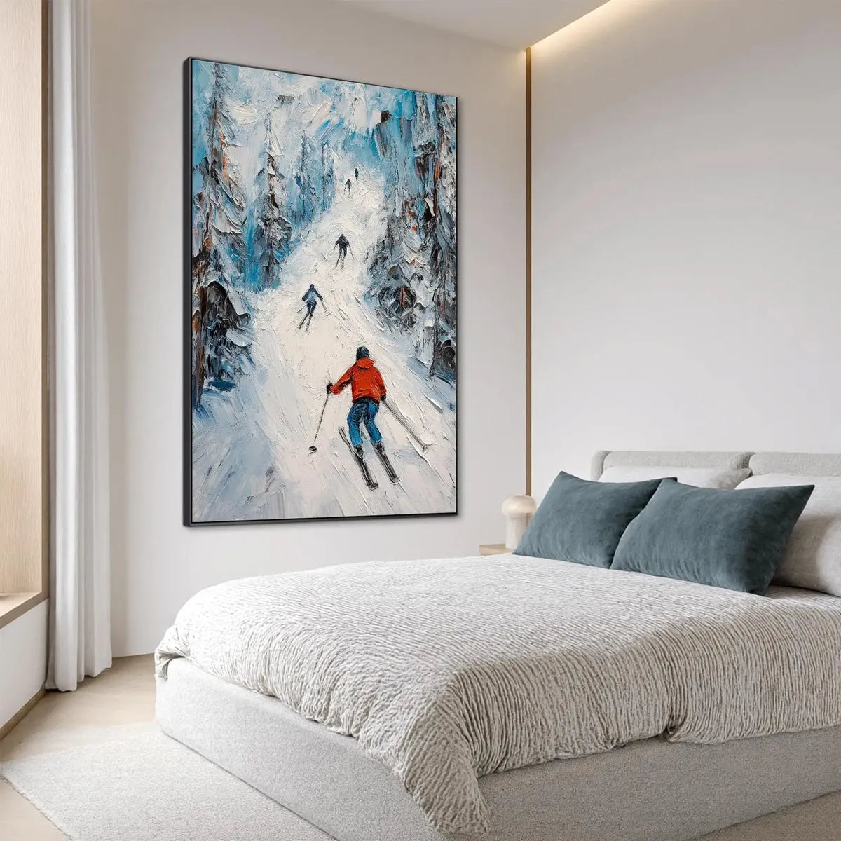 First Run hand-painted orange and ivory textured skiing mountain painting shown with black frame