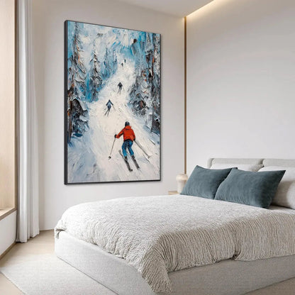 First Run hand-painted orange and ivory textured skiing mountain painting shown with black frame