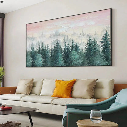 Misty Pines hand-painted green and pink textured forest landscape painting shown with gold frame