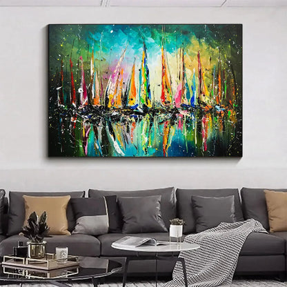 Vivid Regatta hand-painted ocean blue, ivory and soft neutral tones textured sailboat seascape painting rolled canvas option