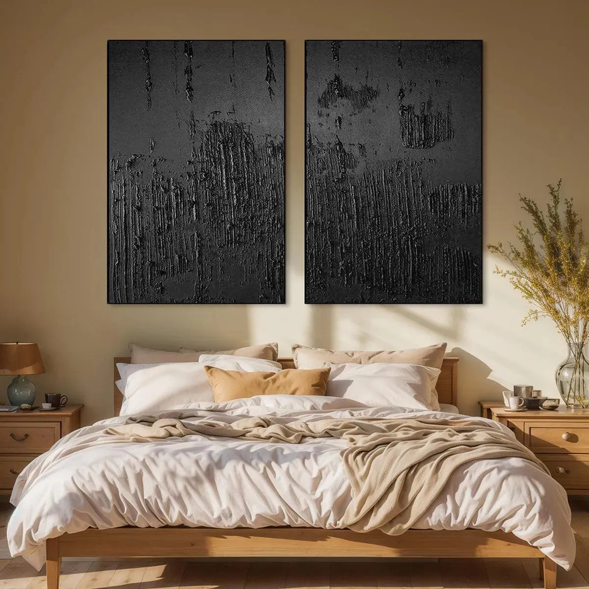 Black Wabi-Sabi Abstract Textured Oil Painting – Black Textured Diptych