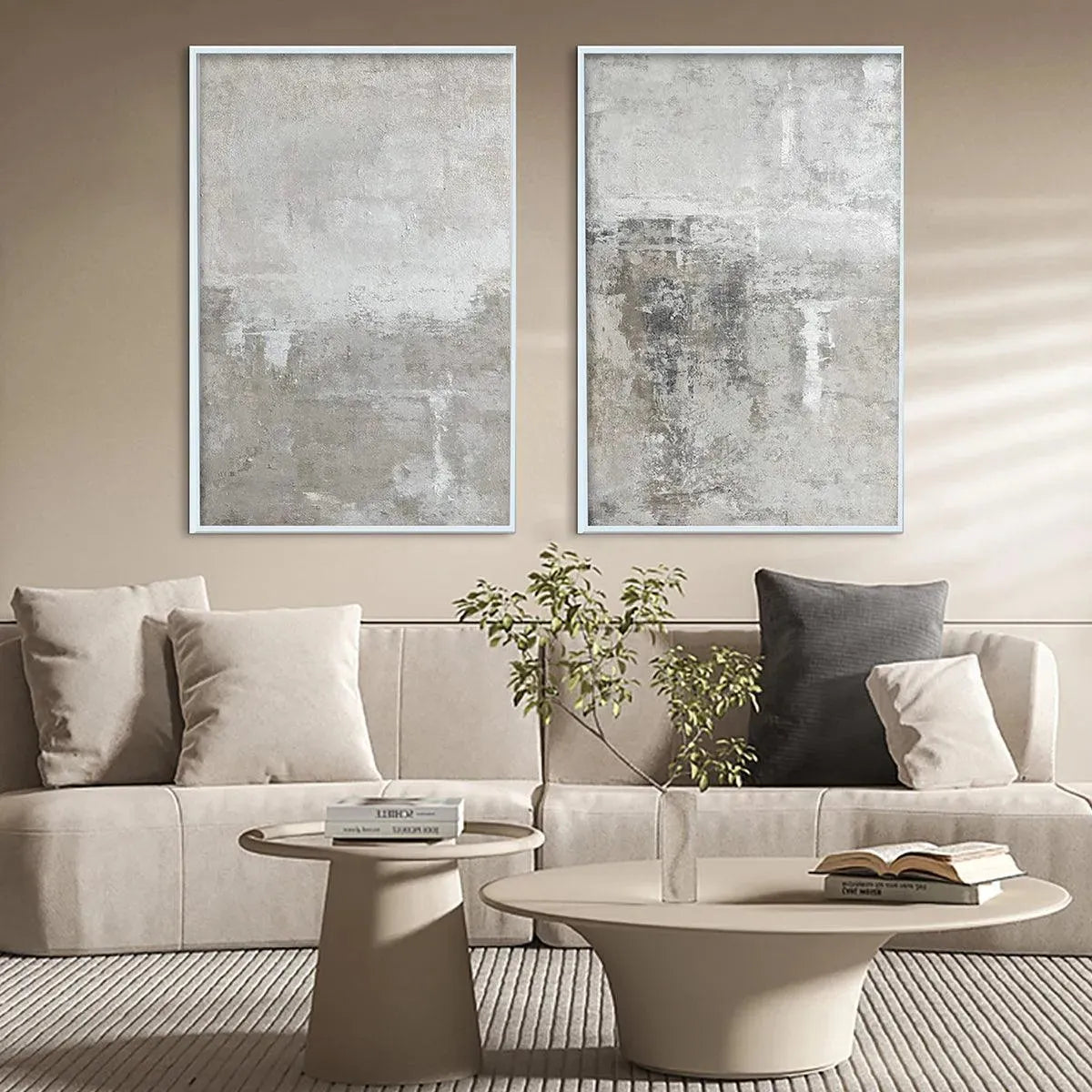 Grey Wabi-Sabi Abstract Textured Oil Painting – Grey Abstract Textured Diptych