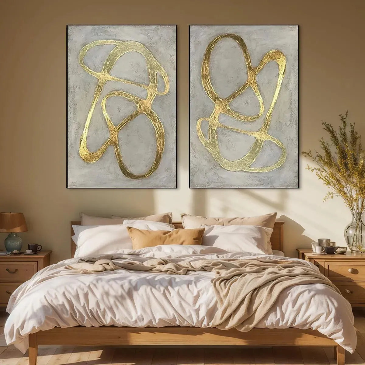 Golden Abstract Diptych – Wabi-Sabi Abstract Oil Painting, view 4