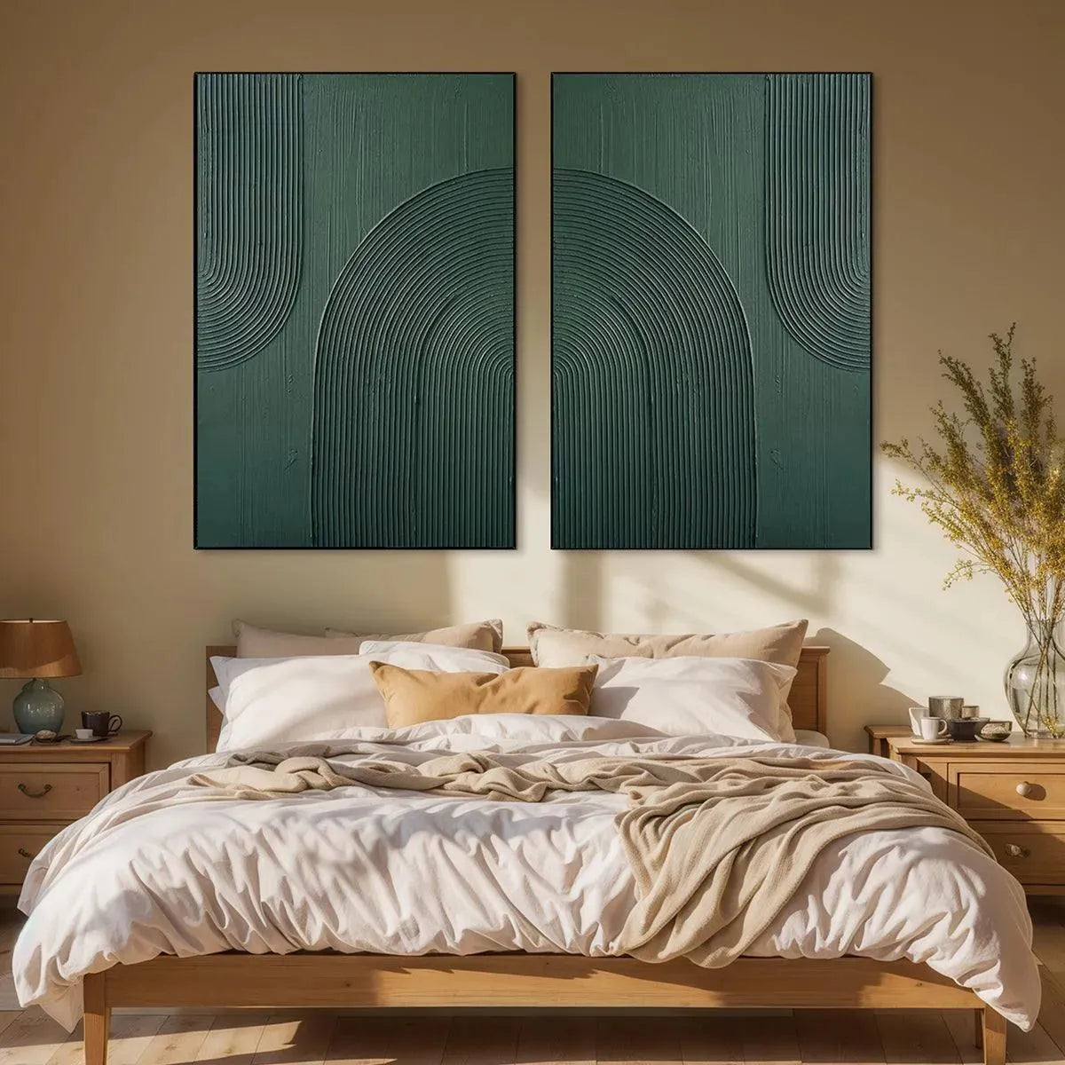 Green Textured Arches Diptych – Wabi-Sabi Abstract Oil Painting, view 4