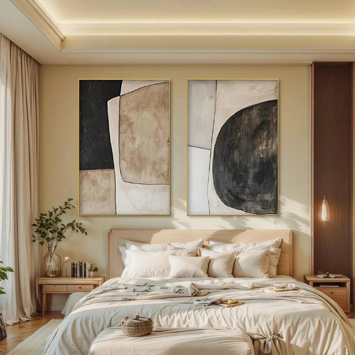 Black and Beige Wabi-Sabi Geometric Oil Painting – Abstract Geometric Diptych