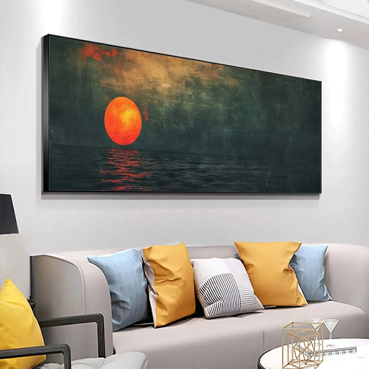 Blood Moon hand-painted ocean blue, ivory and soft neutral tones textured sunset seascape painting shown with white frame