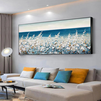 Ocean Breeze hand-painted white and ocean blue textured coastal landscape painting shown as stretched canvas