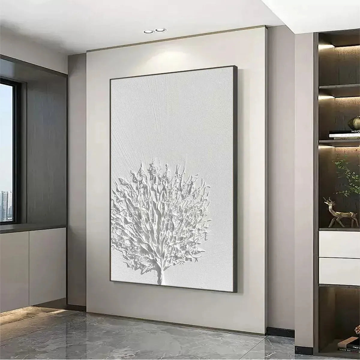 White Wabi-Sabi Tree Textured Oil Painting – White Textured Tree