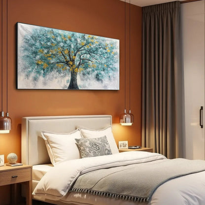 Golden Autumn hand-painted ocean blue and gold textured tree painting rolled canvas option