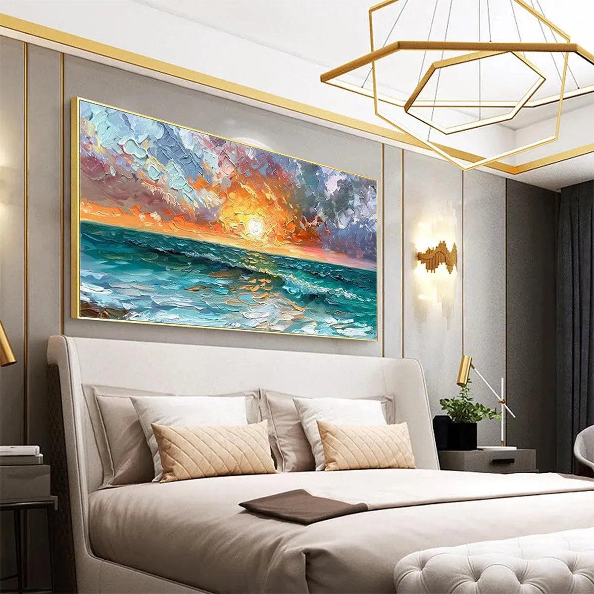 Ocean Sunset hand-painted ocean blue, ivory and soft neutral tones textured sunset seascape painting shown with white frame