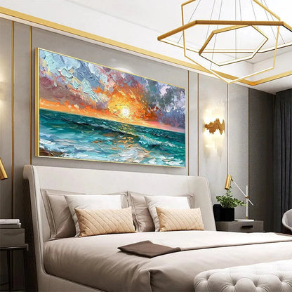 Ocean Sunset hand-painted ocean blue, ivory and soft neutral tones textured sunset seascape painting shown with white frame