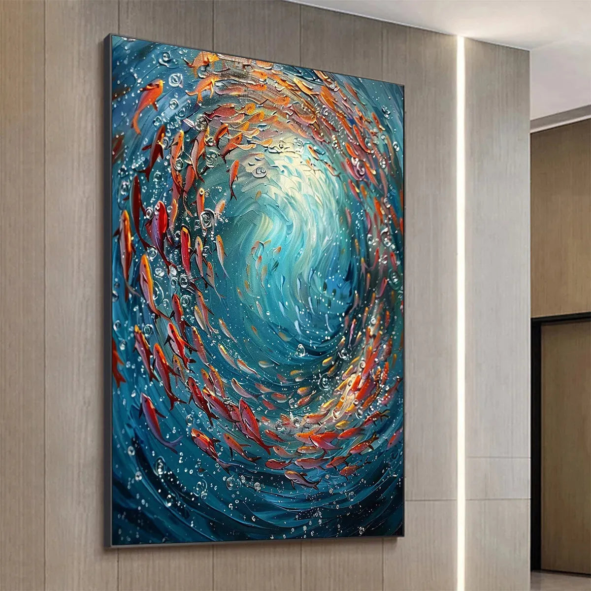 Coral Dance hand-painted coral and ivory textured school of fish painting shown with white frame