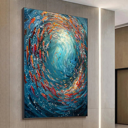 Coral Dance hand-painted coral and ivory textured school of fish painting shown with white frame