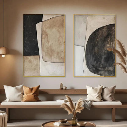 Abstract Geometric Diptych – Wabi-Sabi Geometric Oil Painting, view 2